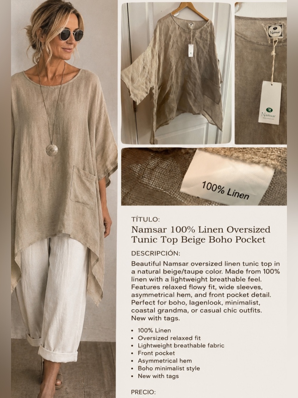 Namsar 100% Linen Oversized Tunic Top Beige Boho Pocket